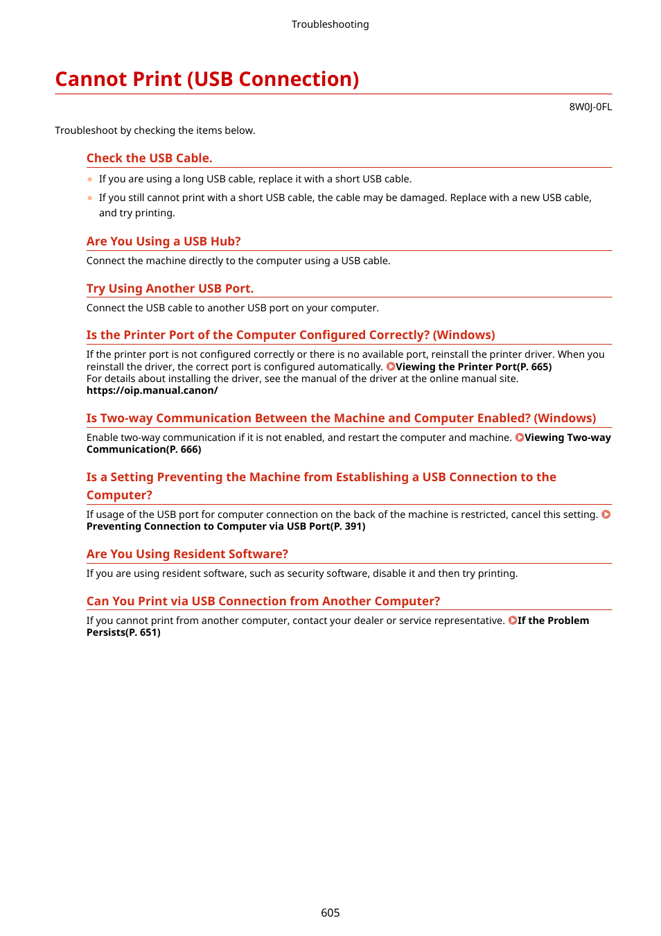 Cannot print (usb connection), Cannot print (usb connection)(p. 605) | Canon imageCLASS MF264dw II Multifunction Monochrome Laser Printer User Manual | Page 614 / 700