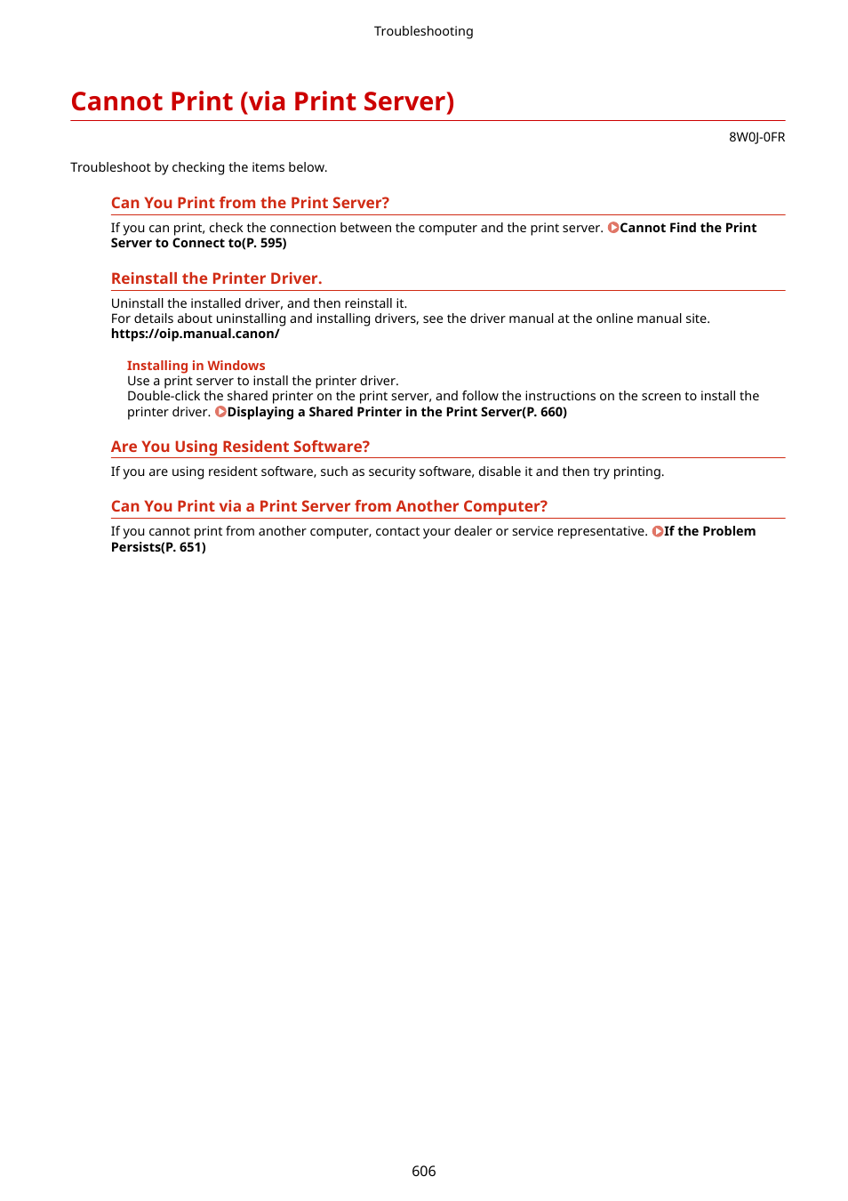 Cannot print (via print server), Cannot print (via print server)(p. 606) | Canon imageCLASS MF264dw II Multifunction Monochrome Laser Printer User Manual | Page 615 / 700