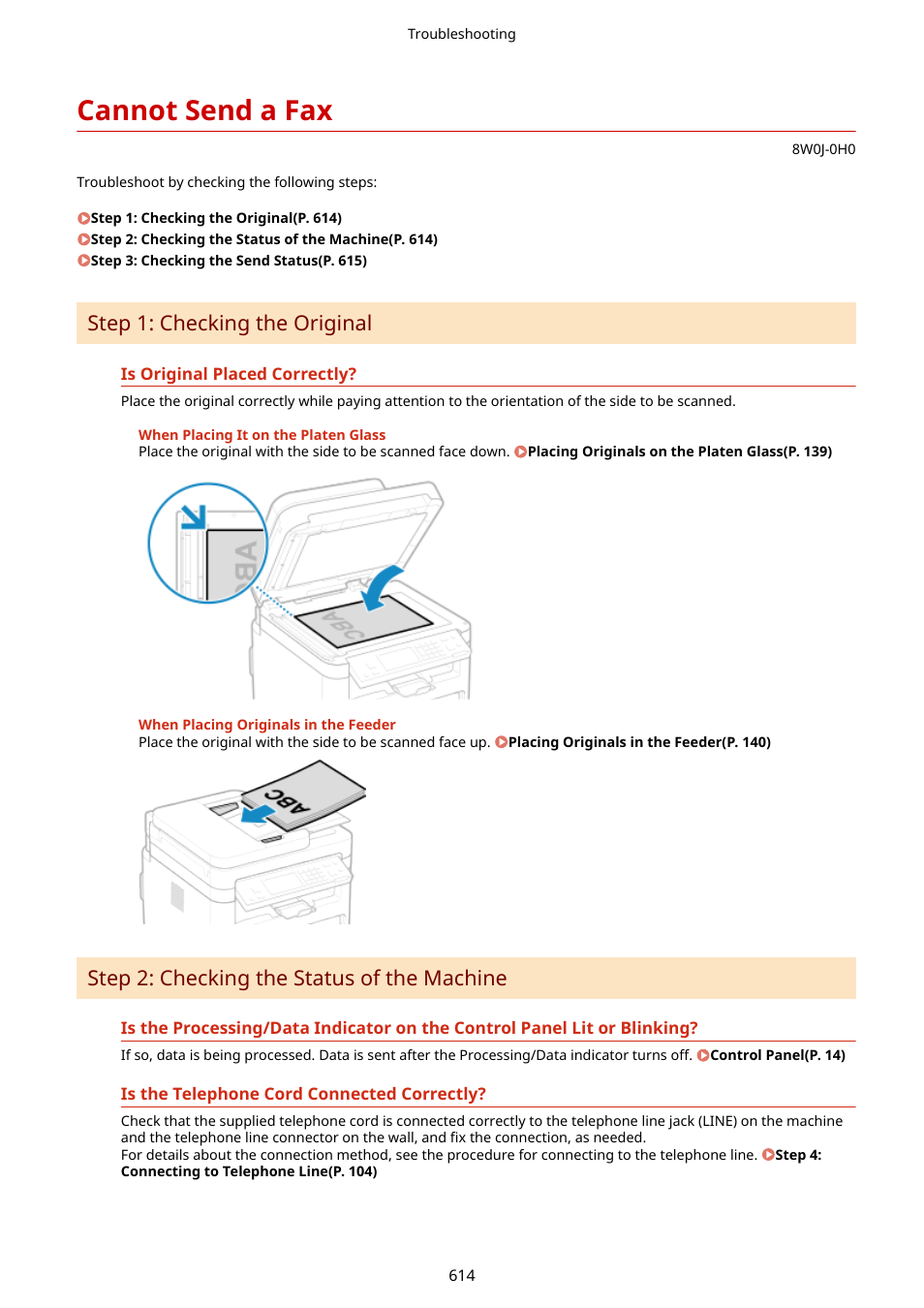 Cannot send a fax, Cannot send a fax(p. 614), Step 1: checking the original | Step 2: checking the status of the machine | Canon imageCLASS MF264dw II Multifunction Monochrome Laser Printer User Manual | Page 623 / 700