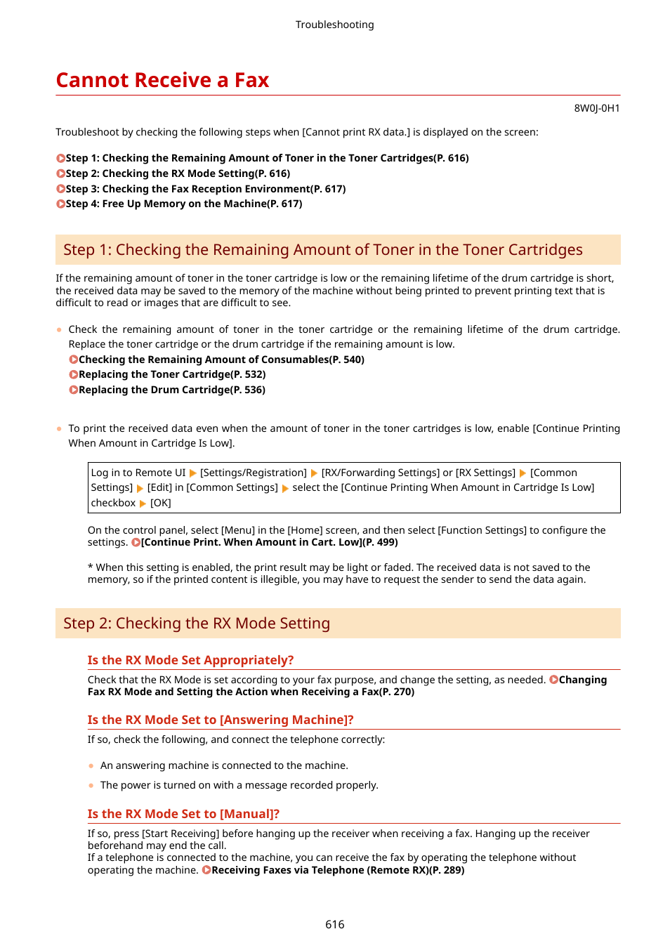 Cannot receive a fax, Cannot receive a fax(p. 616), Step 2: checking the rx mode setting | Canon imageCLASS MF264dw II Multifunction Monochrome Laser Printer User Manual | Page 625 / 700