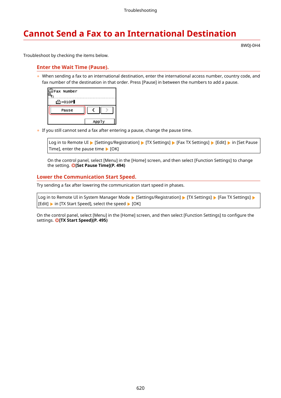 Cannot send a fax to an international destination | Canon imageCLASS MF264dw II Multifunction Monochrome Laser Printer User Manual | Page 629 / 700