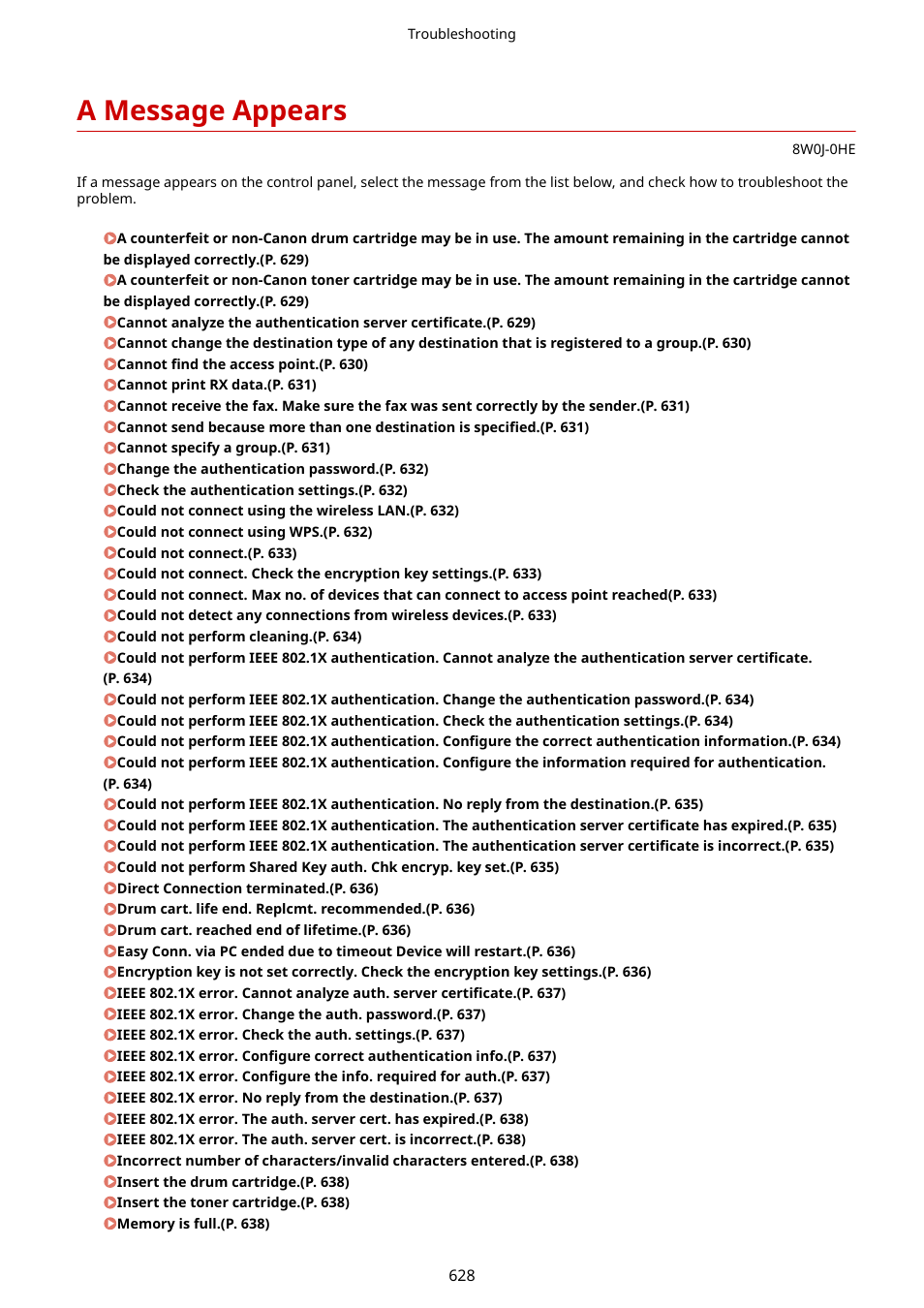 A message appears, A message appears(p. 628), Oblem. a message appears(p. 628) | Canon imageCLASS MF264dw II Multifunction Monochrome Laser Printer User Manual | Page 637 / 700