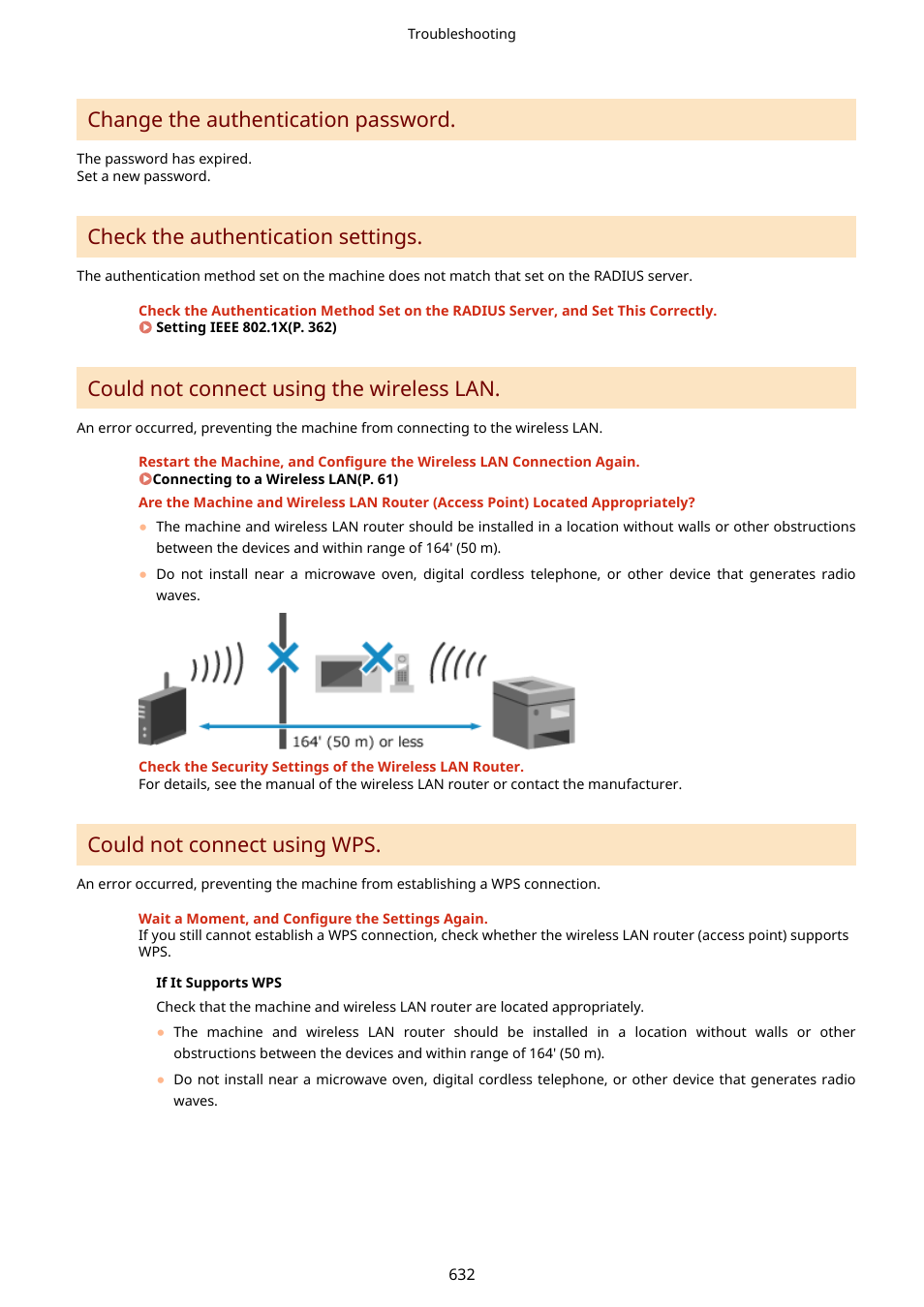 Change the authentication password, Check the authentication settings, Could not connect using the wireless lan | Could not connect using wps | Canon imageCLASS MF264dw II Multifunction Monochrome Laser Printer User Manual | Page 641 / 700