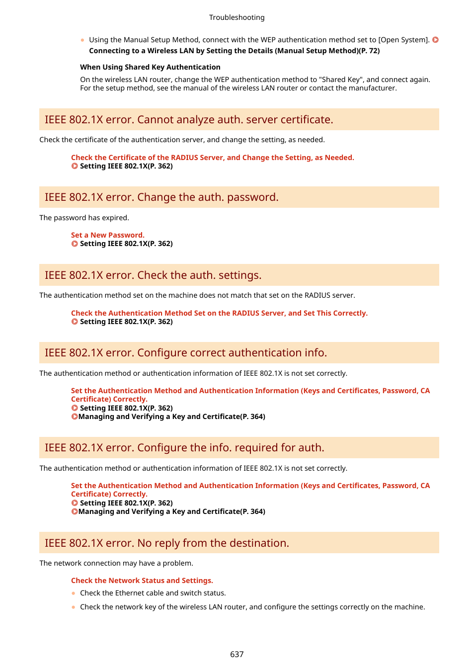 Ieee 802.1x error. change the auth. password, Ieee 802.1x error. check the auth. settings, Ieee 802.1x error. no reply from the destination | Canon imageCLASS MF264dw II Multifunction Monochrome Laser Printer User Manual | Page 646 / 700
