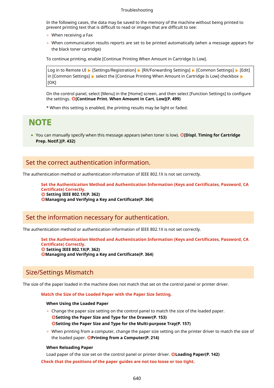 Set the correct authentication information, Set the information necessary for authentication, Size/settings mismatch | Canon imageCLASS MF264dw II Multifunction Monochrome Laser Printer User Manual | Page 649 / 700