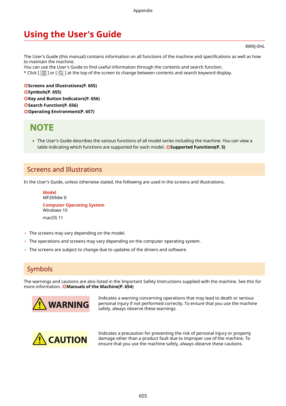 Using the user's guide, Using the user's guide(p. 655), Screens and illustrations | Symbols | Canon imageCLASS MF264dw II Multifunction Monochrome Laser Printer User Manual | Page 664 / 700