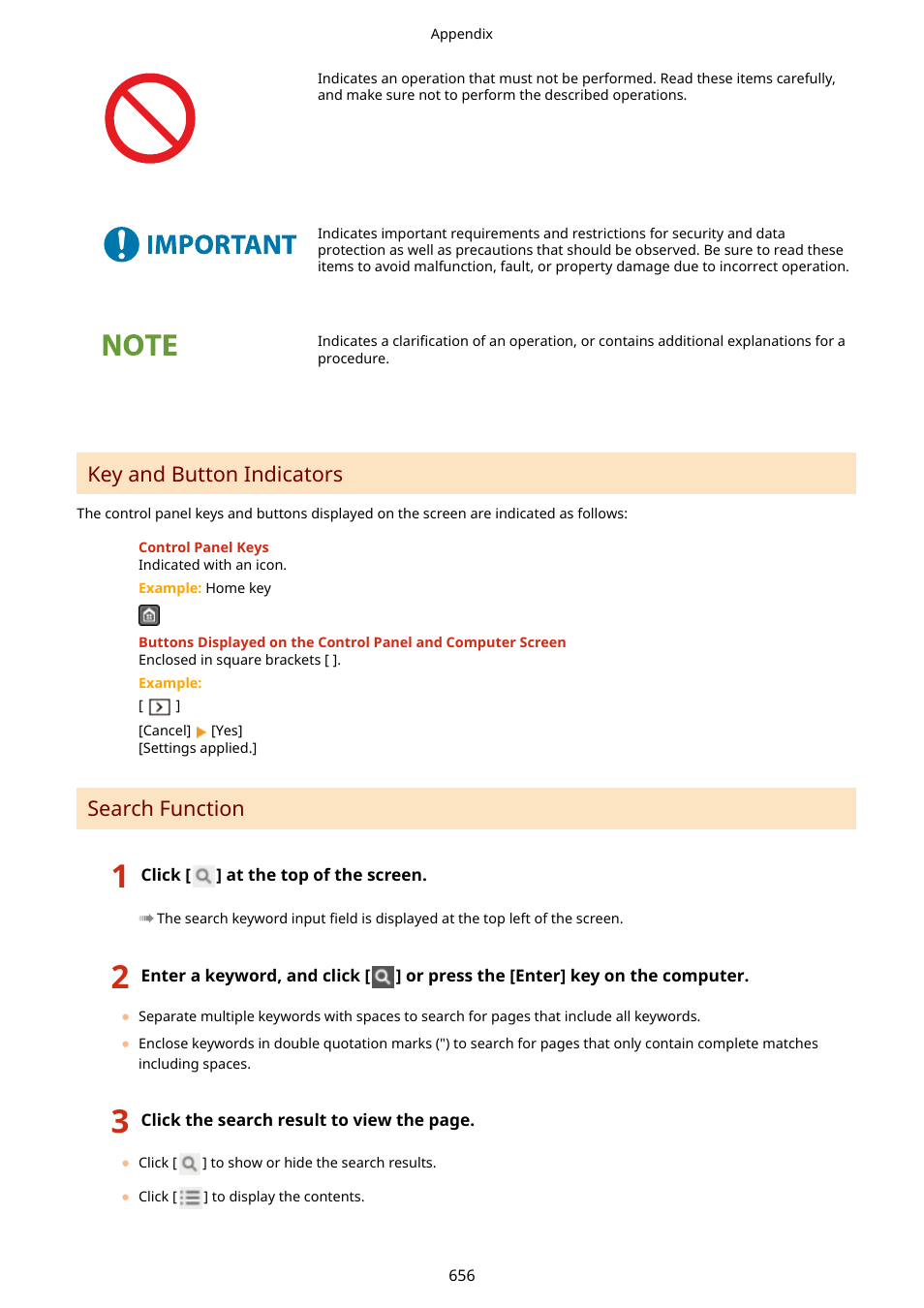 Key and button indicators, Search function | Canon imageCLASS MF264dw II Multifunction Monochrome Laser Printer User Manual | Page 665 / 700