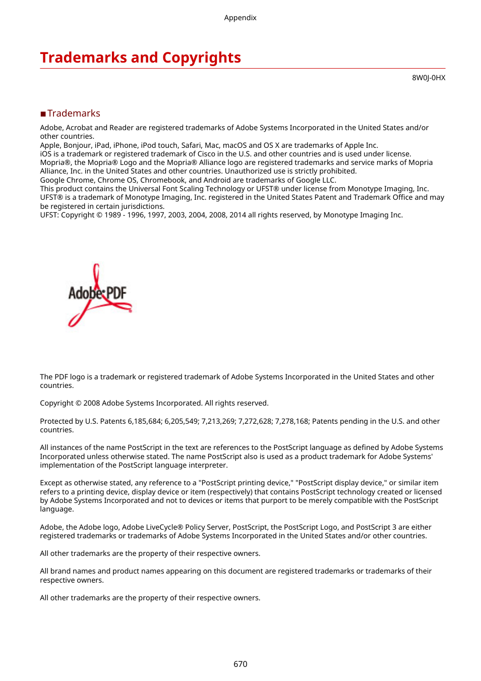 Trademarks and copyrights, Trademarks and copyrights(p. 670) | Canon imageCLASS MF264dw II Multifunction Monochrome Laser Printer User Manual | Page 679 / 700