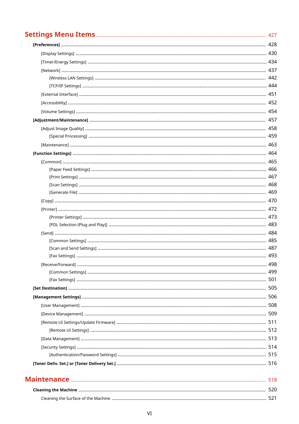 Settings menu items, Maintenance | Canon imageCLASS MF264dw II Multifunction Monochrome Laser Printer User Manual | Page 7 / 700