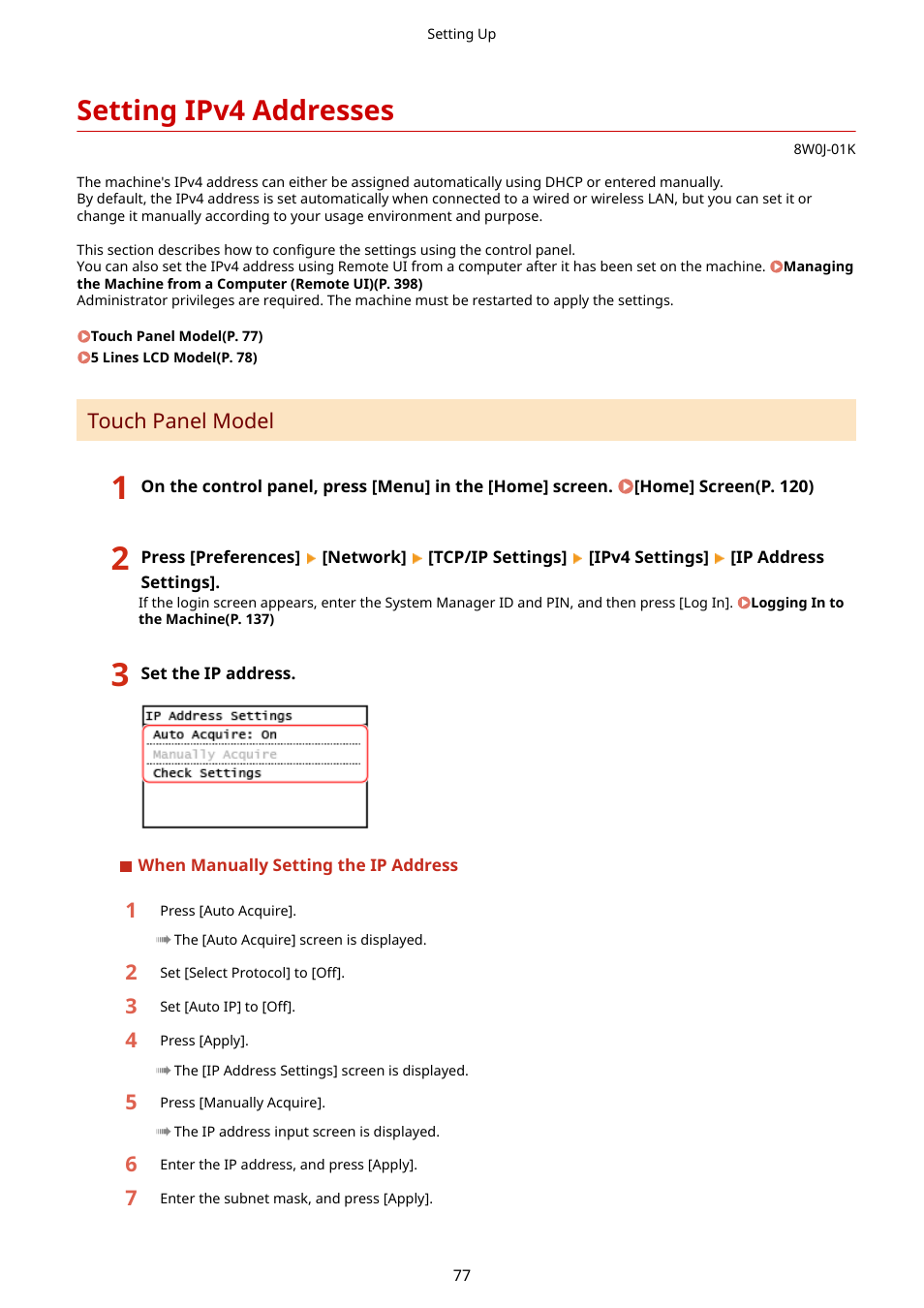 Setting ipv4 addresses, Setting ipv4 addresses(p. 77) | Canon imageCLASS MF264dw II Multifunction Monochrome Laser Printer User Manual | Page 86 / 700