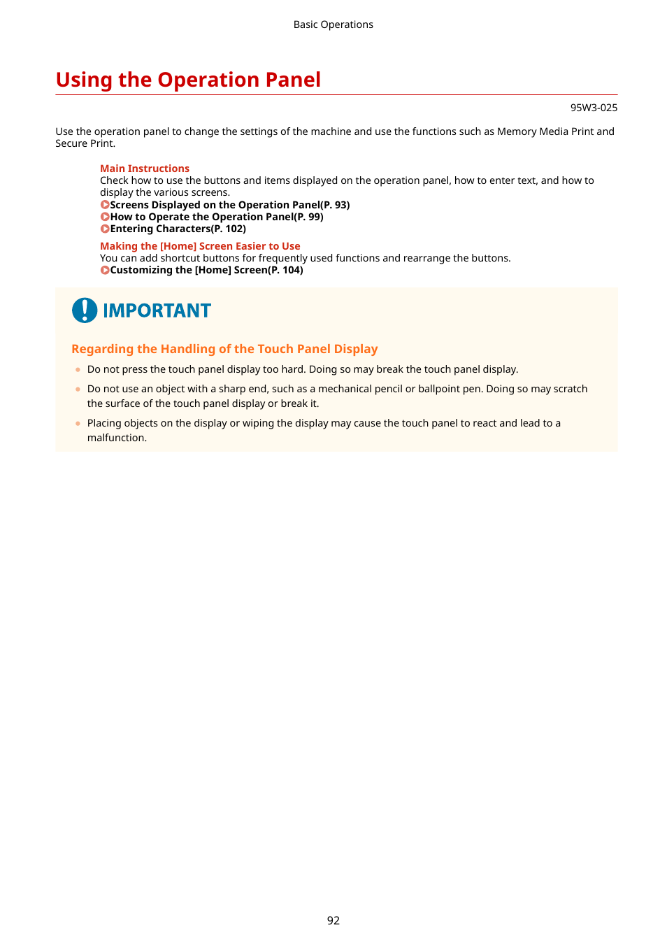 Using the operation panel, Using the operation panel(p. 92) | Canon imageCLASS LBP674Cdw Wireless Color Laser Printer User Manual | Page 100 / 565