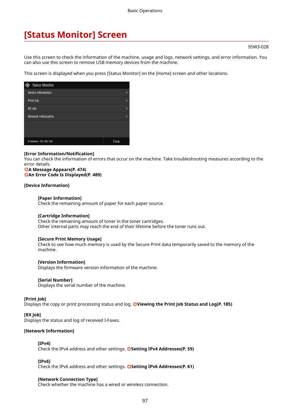 Status monitor] screen, Or information. [status, Monitor] screen(p. 97) | Canon imageCLASS LBP674Cdw Wireless Color Laser Printer User Manual | Page 105 / 565