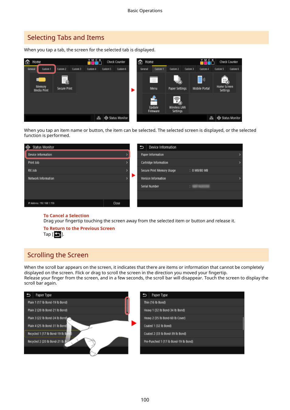 Selecting tabs and items, Scrolling the screen | Canon imageCLASS LBP674Cdw Wireless Color Laser Printer User Manual | Page 108 / 565