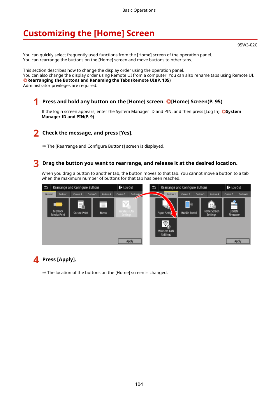 Customizing the [home] screen, Customizing the [home] screen(p. 104), Ange the buttons. customizing the [home | Screen(p. 104) | Canon imageCLASS LBP674Cdw Wireless Color Laser Printer User Manual | Page 112 / 565