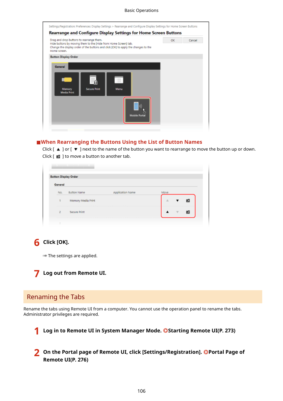 Renaming the tabs(p. 106) | Canon imageCLASS LBP674Cdw Wireless Color Laser Printer User Manual | Page 114 / 565