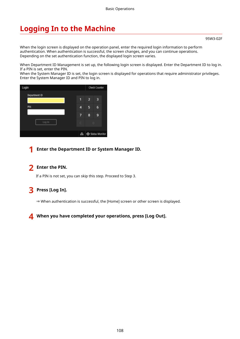Logging in to the machine, Logging in to the machine(p. 108), Ations on the machine | Canon imageCLASS LBP674Cdw Wireless Color Laser Printer User Manual | Page 116 / 565