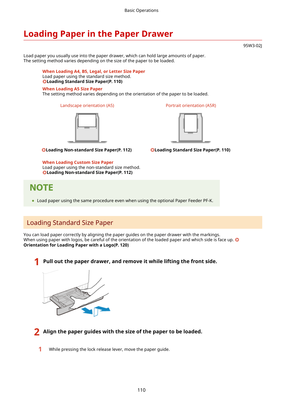 Loading paper in the paper drawer, Loading paper in the paper drawer(p. 110), Loading standard size paper | Canon imageCLASS LBP674Cdw Wireless Color Laser Printer User Manual | Page 118 / 565