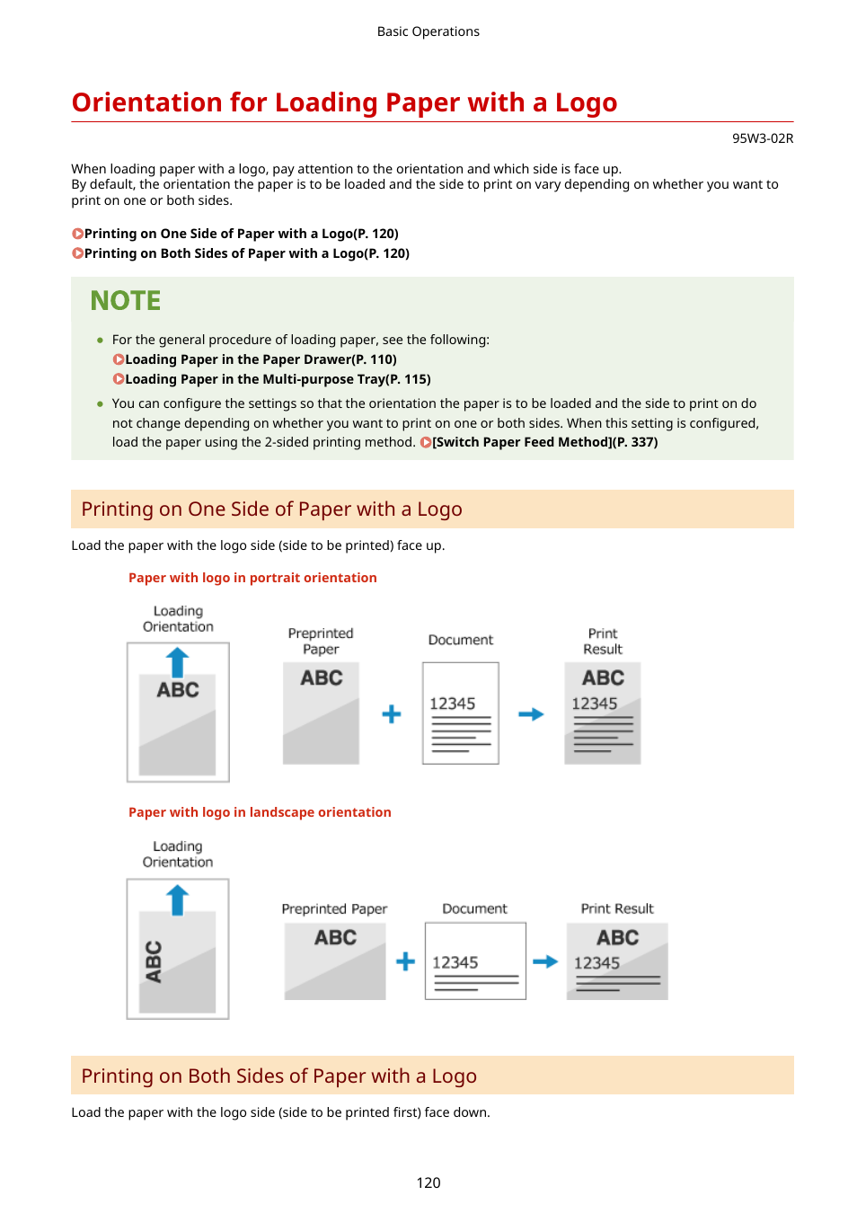 Orientation for loading paper with a logo, Orientation for loading paper with a logo(p. 120), Printing on one side of paper with a logo | Printing on both sides of paper with a logo | Canon imageCLASS LBP674Cdw Wireless Color Laser Printer User Manual | Page 128 / 565
