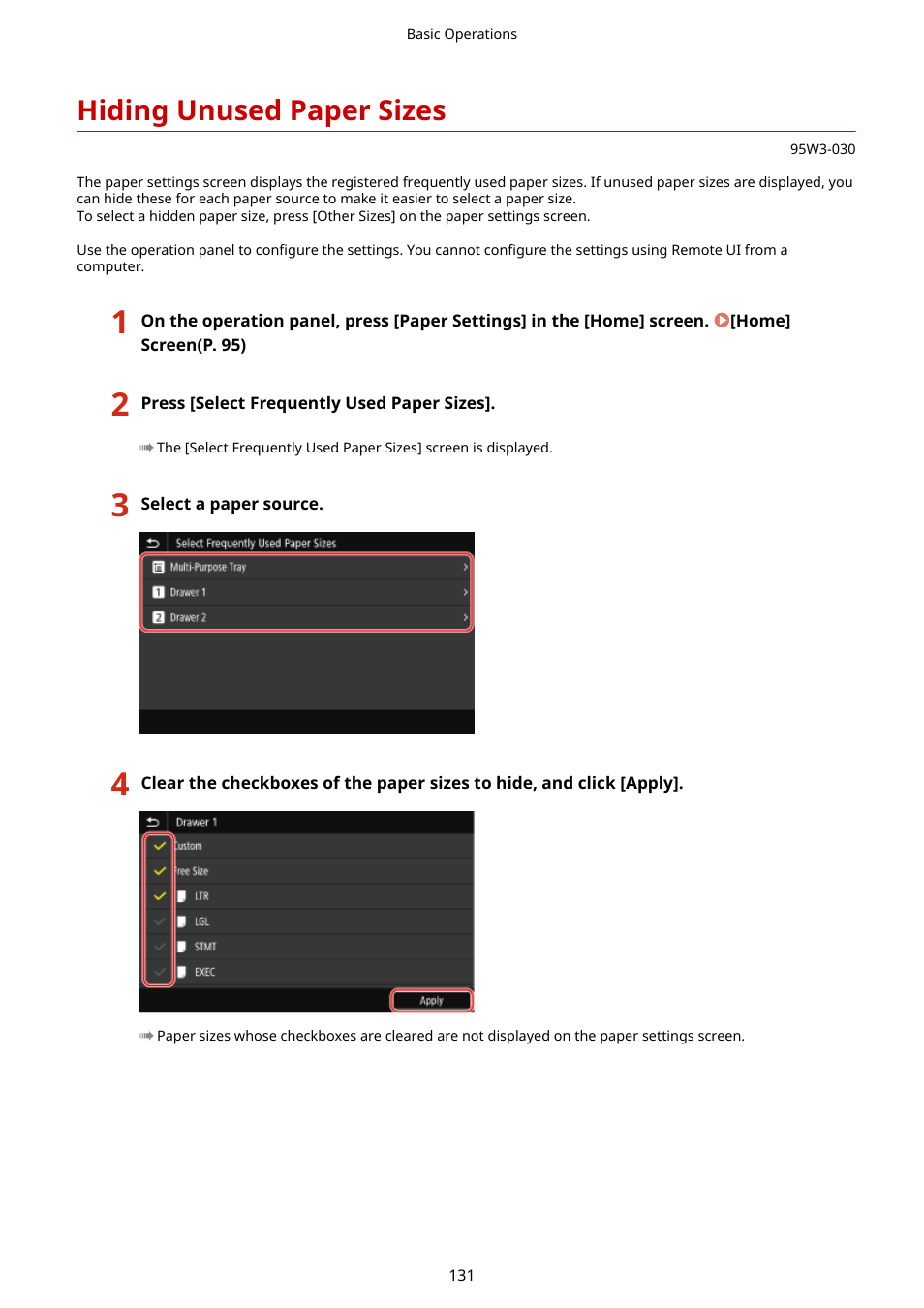 Hiding unused paper sizes, Hiding unused paper sizes(p. 131) | Canon imageCLASS LBP674Cdw Wireless Color Laser Printer User Manual | Page 139 / 565