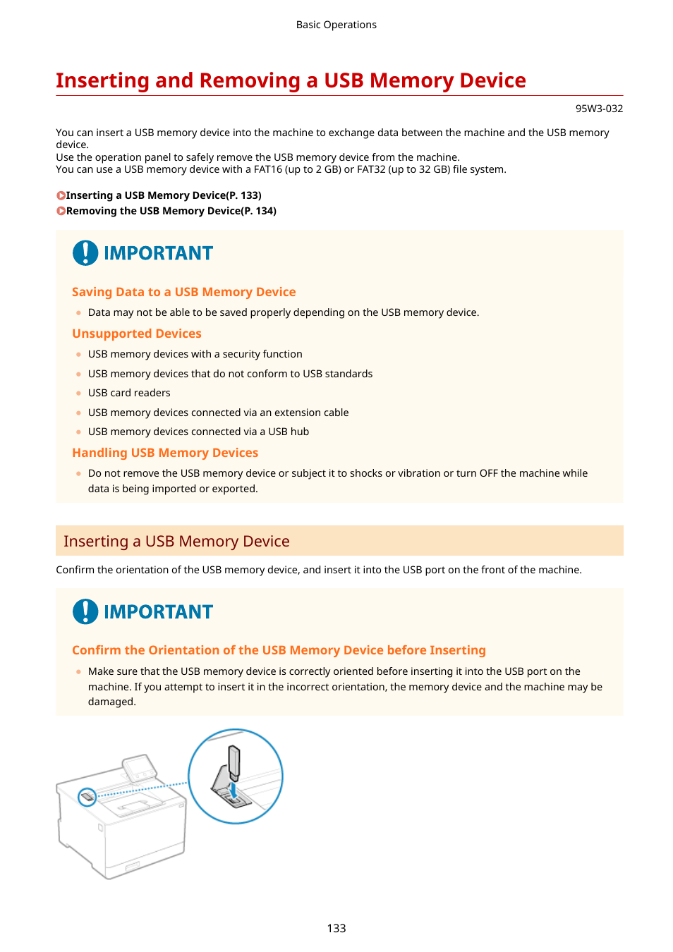 Inserting and removing a usb memory device, Inserting and removing a usb memory device(p. 133) | Canon imageCLASS LBP674Cdw Wireless Color Laser Printer User Manual | Page 141 / 565