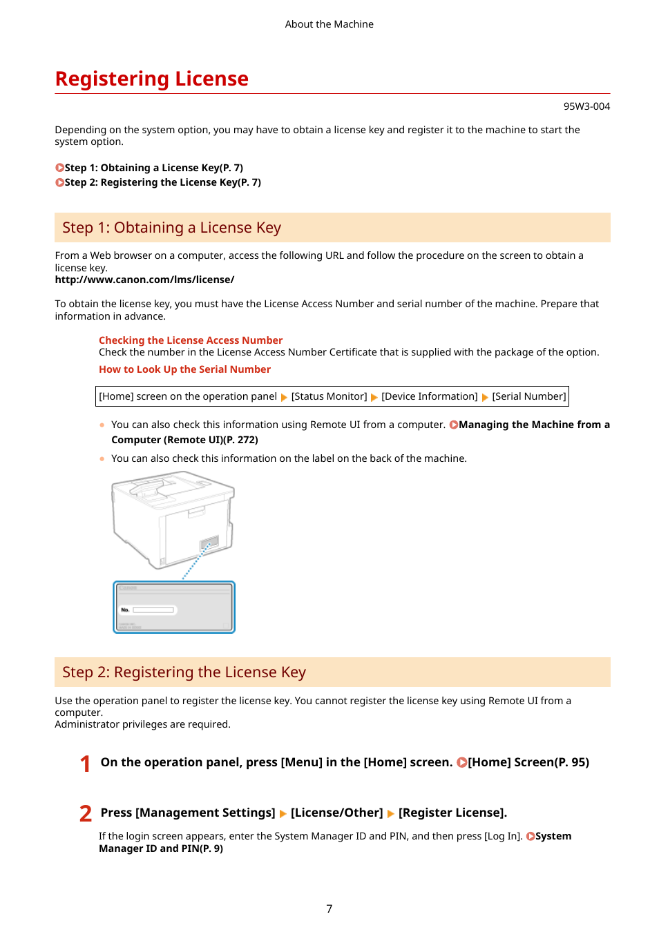Registering license, Step 1: obtaining a license key, Step 2: registering the license key | Canon imageCLASS LBP674Cdw Wireless Color Laser Printer User Manual | Page 15 / 565