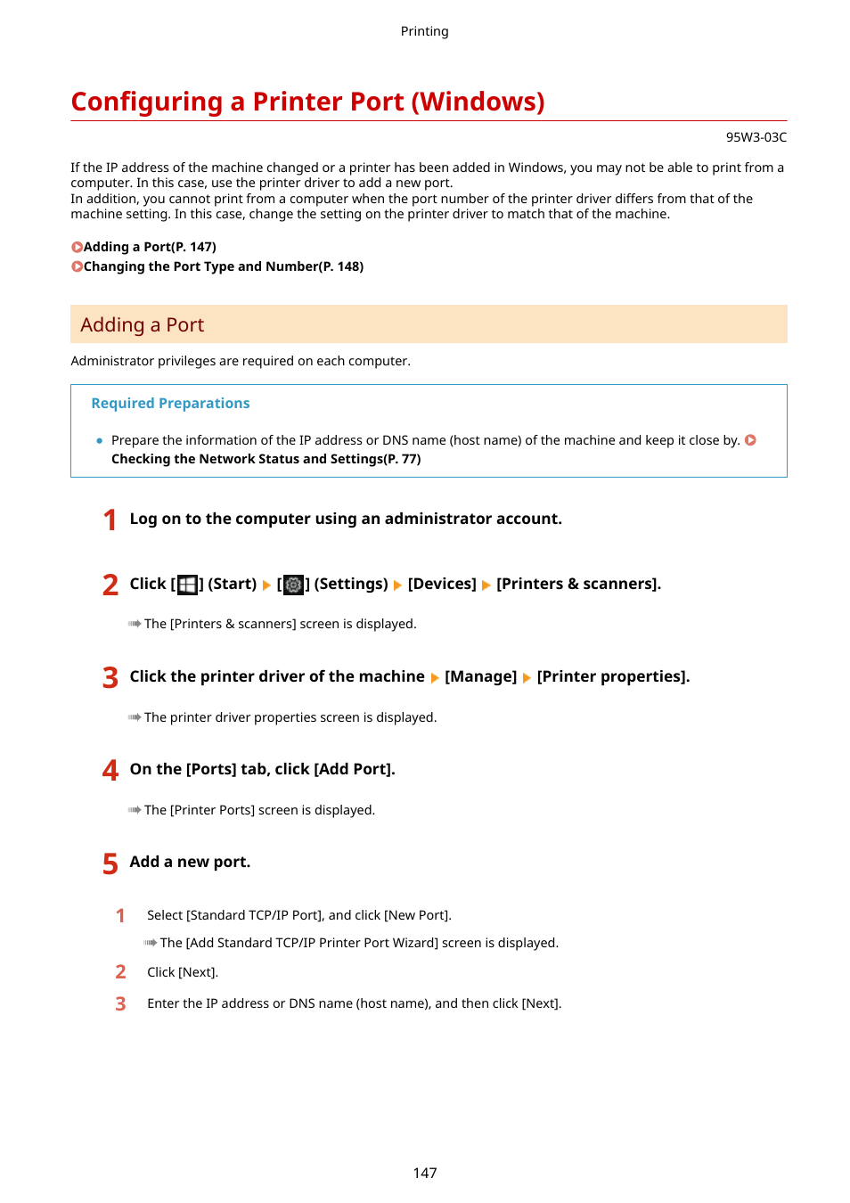 Configuring a printer port (windows), Configuring a printer port (windows)(p. 147), W port. adding a port(p. 147) | Canon imageCLASS LBP674Cdw Wireless Color Laser Printer User Manual | Page 155 / 565