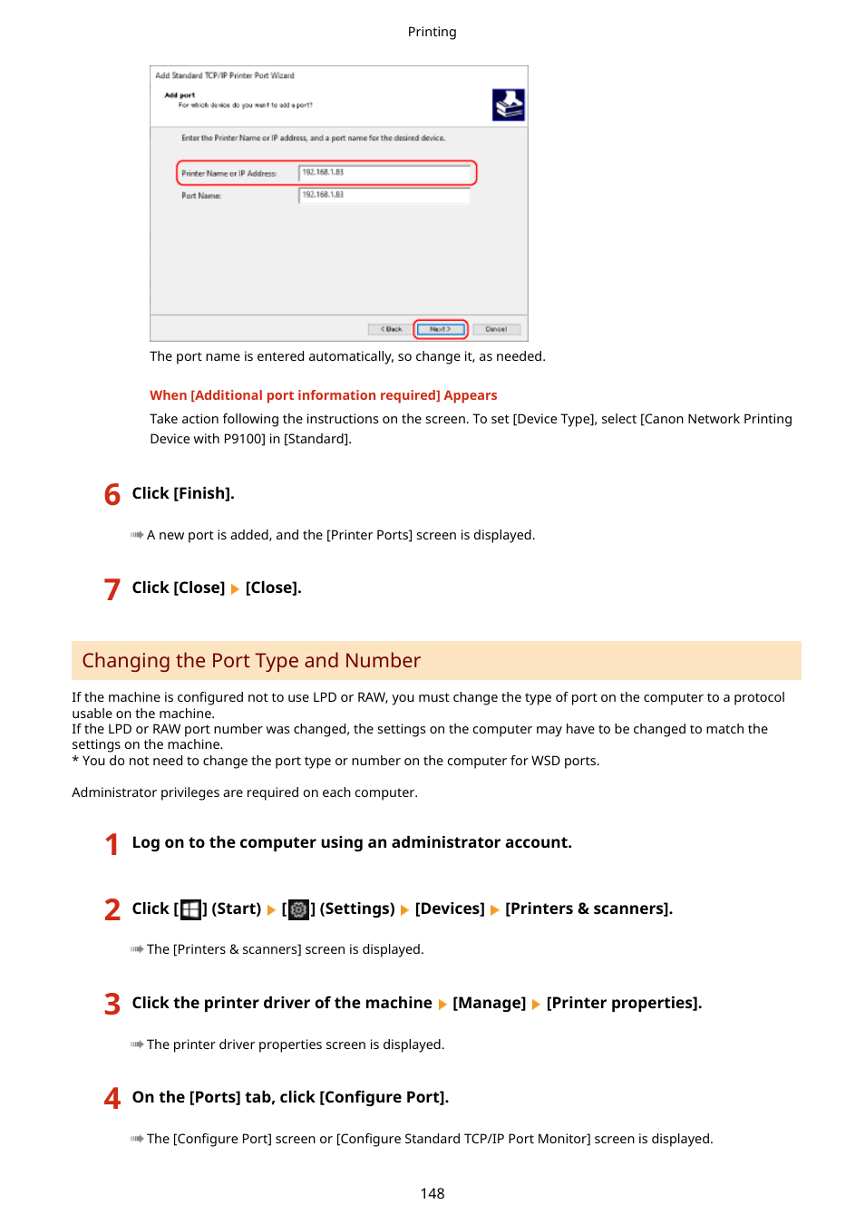 Changing the port type and number(p. 148) | Canon imageCLASS LBP674Cdw Wireless Color Laser Printer User Manual | Page 156 / 565
