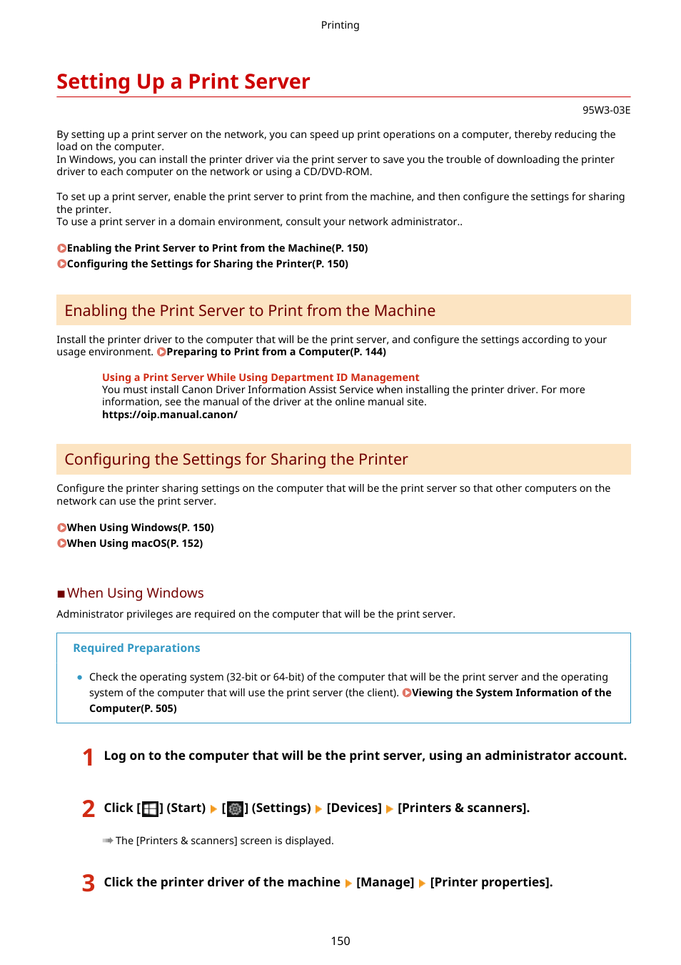 Setting up a print server, Setting up a print server(p. 150), Configuring the settings for sharing the printer | Canon imageCLASS LBP674Cdw Wireless Color Laser Printer User Manual | Page 158 / 565