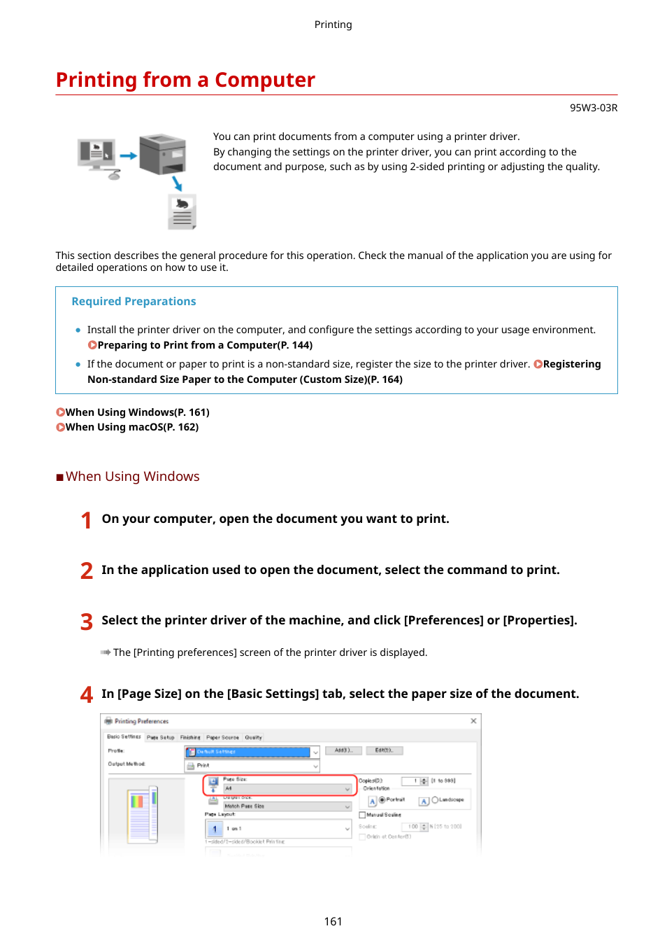 Printing from a computer, Printing from a computer(p. 161) | Canon imageCLASS LBP674Cdw Wireless Color Laser Printer User Manual | Page 169 / 565