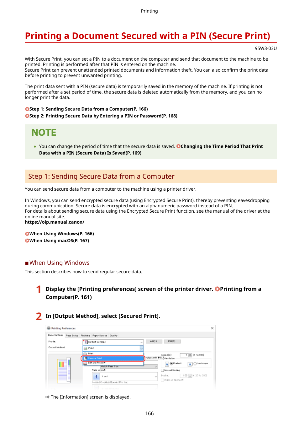 Printing a document secured with a, Pin (secure print)(p. 166), Step 1: sending secure data from a computer | Canon imageCLASS LBP674Cdw Wireless Color Laser Printer User Manual | Page 174 / 565