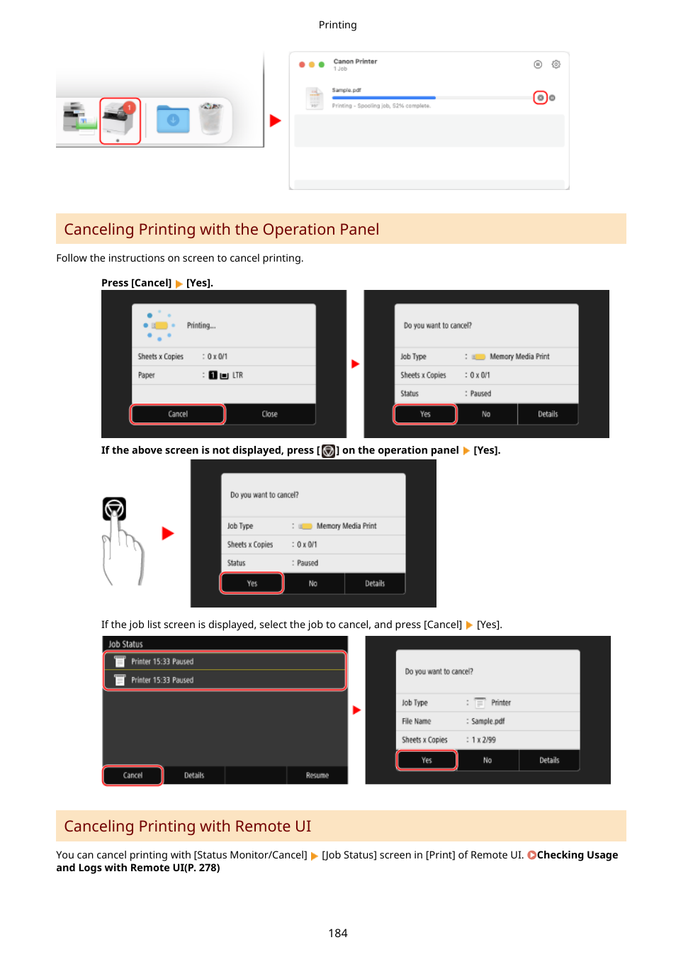 Operation panel(p. 184), Canceling printing with the operation panel, Canceling printing with remote ui | Canon imageCLASS LBP674Cdw Wireless Color Laser Printer User Manual | Page 192 / 565