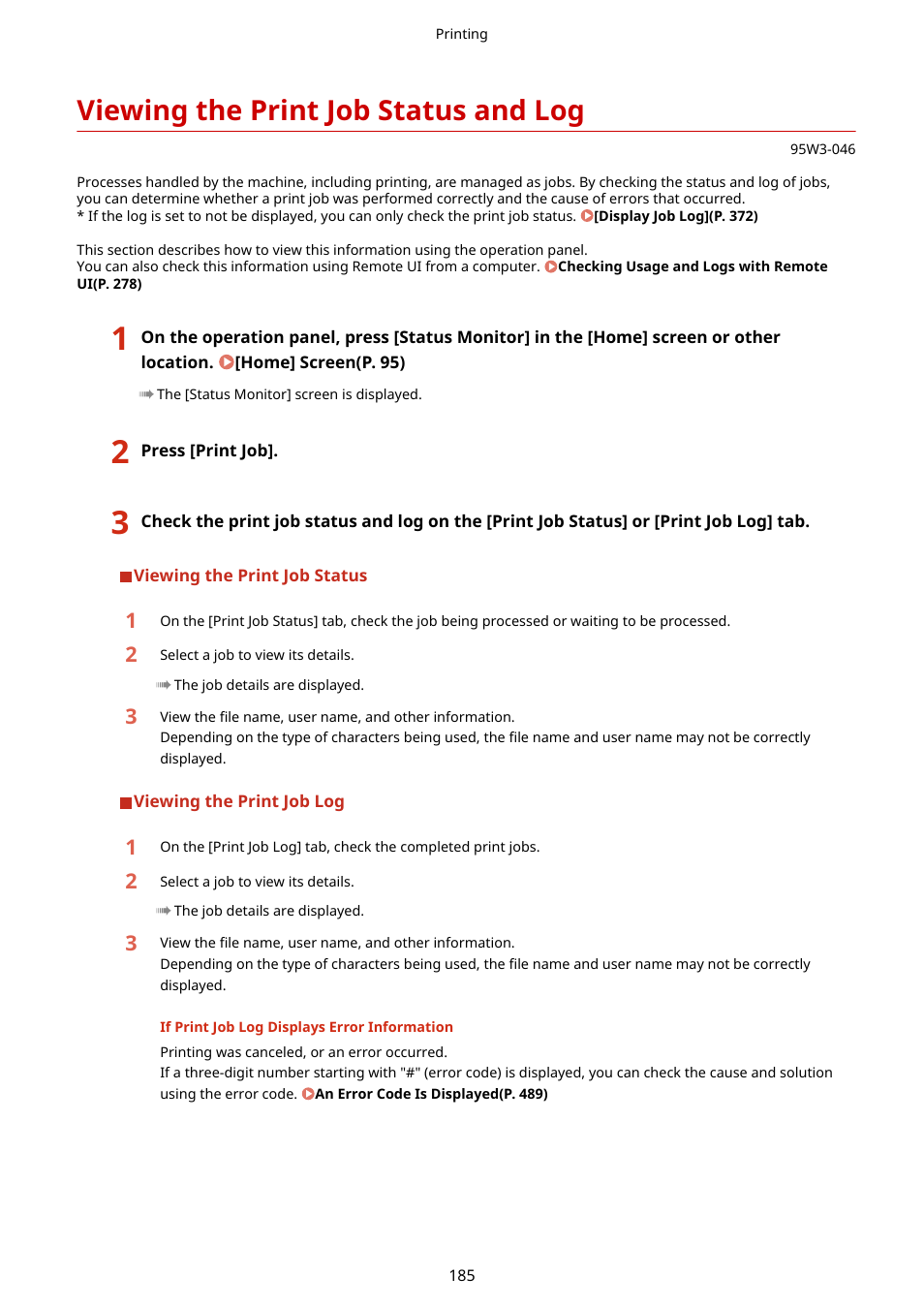 Viewing the print job status and log, Viewing the print job status and log(p. 185) | Canon imageCLASS LBP674Cdw Wireless Color Laser Printer User Manual | Page 193 / 565