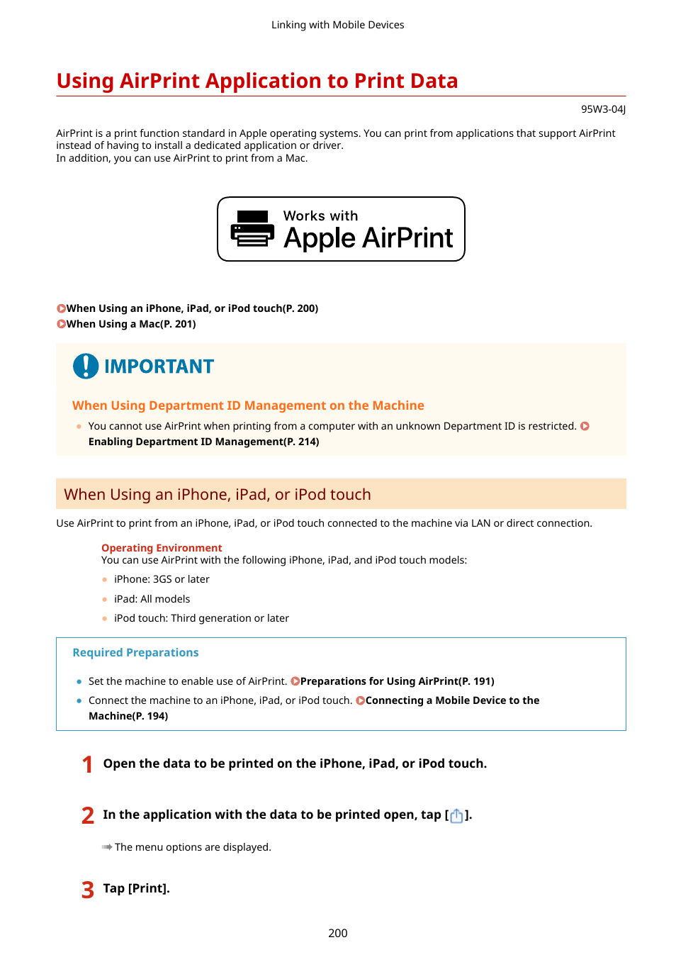 Using airprint application to print data, Using airprint application to print data(p. 200), When using an iphone, ipad, or ipod touch | Canon imageCLASS LBP674Cdw Wireless Color Laser Printer User Manual | Page 208 / 565