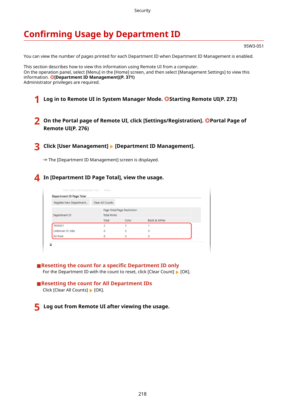 Confirming usage by department id, Confirming usage by department id(p. 218) | Canon imageCLASS LBP674Cdw Wireless Color Laser Printer User Manual | Page 226 / 565