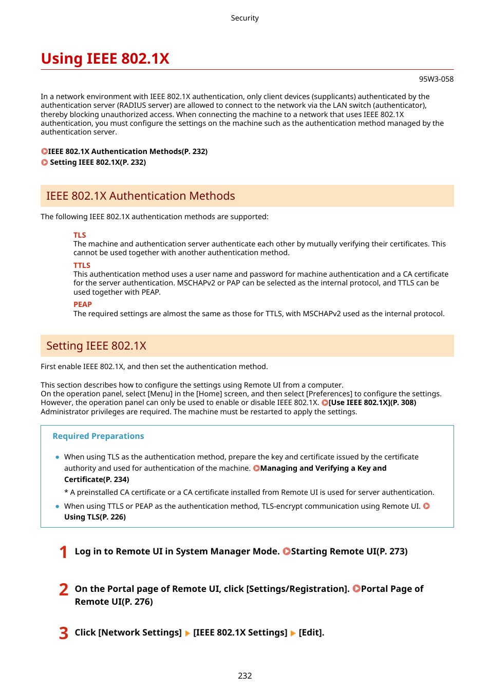 Using ieee 802.1x, Using ieee 802.1x(p. 232), Ieee 802.1x authentication methods | Setting ieee 802.1x | Canon imageCLASS LBP674Cdw Wireless Color Laser Printer User Manual | Page 240 / 565