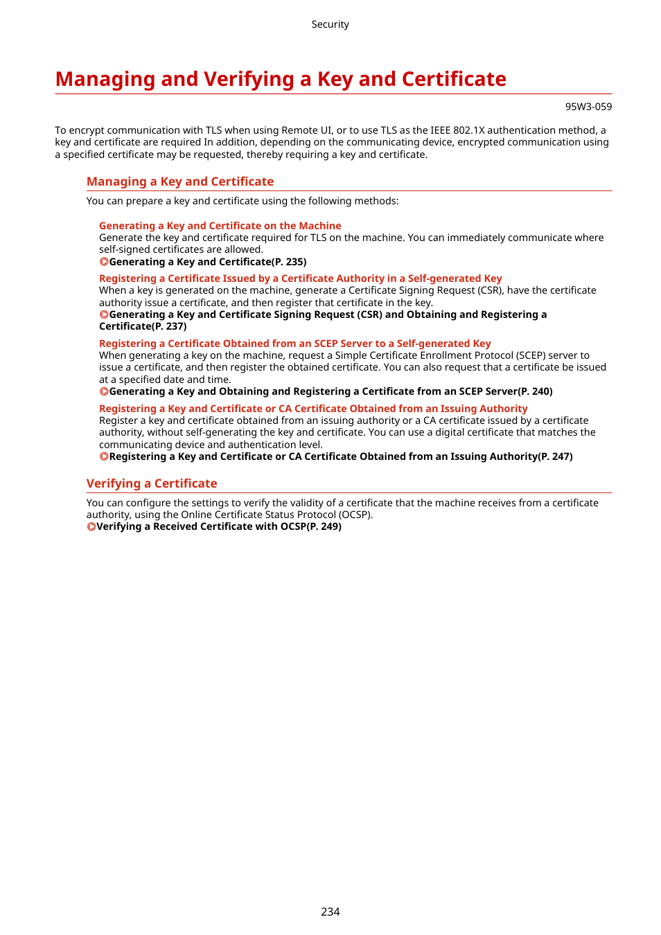 Managing and verifying a key and certificate, Managing and, Verifying a key and certificate(p. 234) | Canon imageCLASS LBP674Cdw Wireless Color Laser Printer User Manual | Page 242 / 565