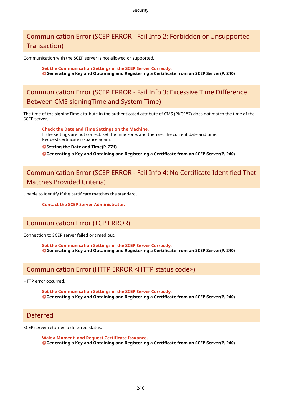 System time)(p. 246), P. 246), Communication error (tcp error) | Deferred | Canon imageCLASS LBP674Cdw Wireless Color Laser Printer User Manual | Page 254 / 565