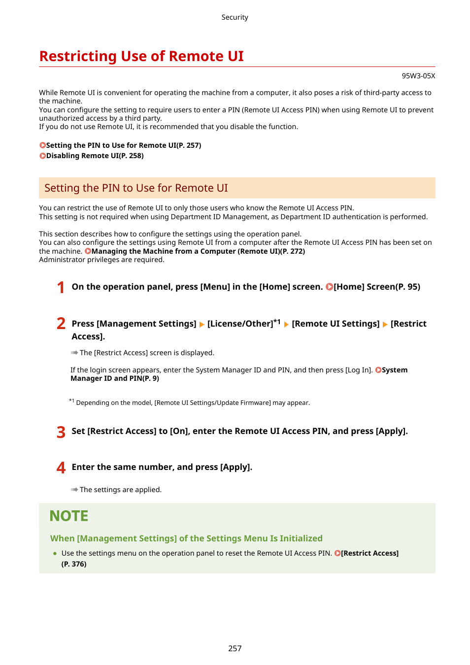 Restricting use of remote ui, Setting the pin to use for remote ui(p. 257), Restricting use of remote ui(p. 257) | Setting the pin to use for remote ui | Canon imageCLASS LBP674Cdw Wireless Color Laser Printer User Manual | Page 265 / 565