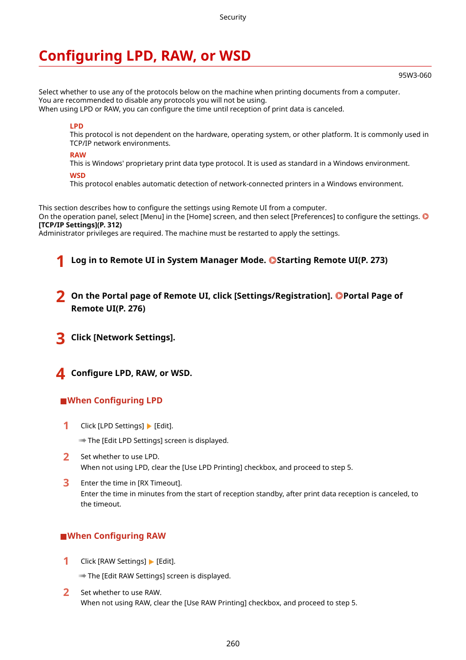 Configuring lpd, raw, or wsd, W/wsd, Configuring lpd, raw, or wsd(p. 260) | Canon imageCLASS LBP674Cdw Wireless Color Laser Printer User Manual | Page 268 / 565