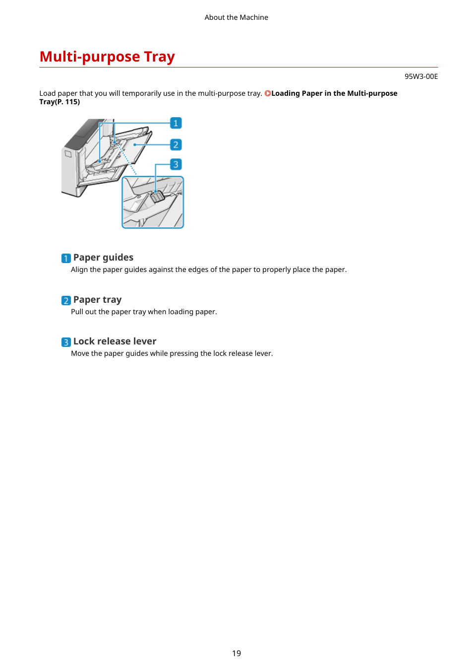 Multi-purpose tray, Multi-purpose tray(p. 19), Multi-purpose | Tray(p. 19) | Canon imageCLASS LBP674Cdw Wireless Color Laser Printer User Manual | Page 27 / 565