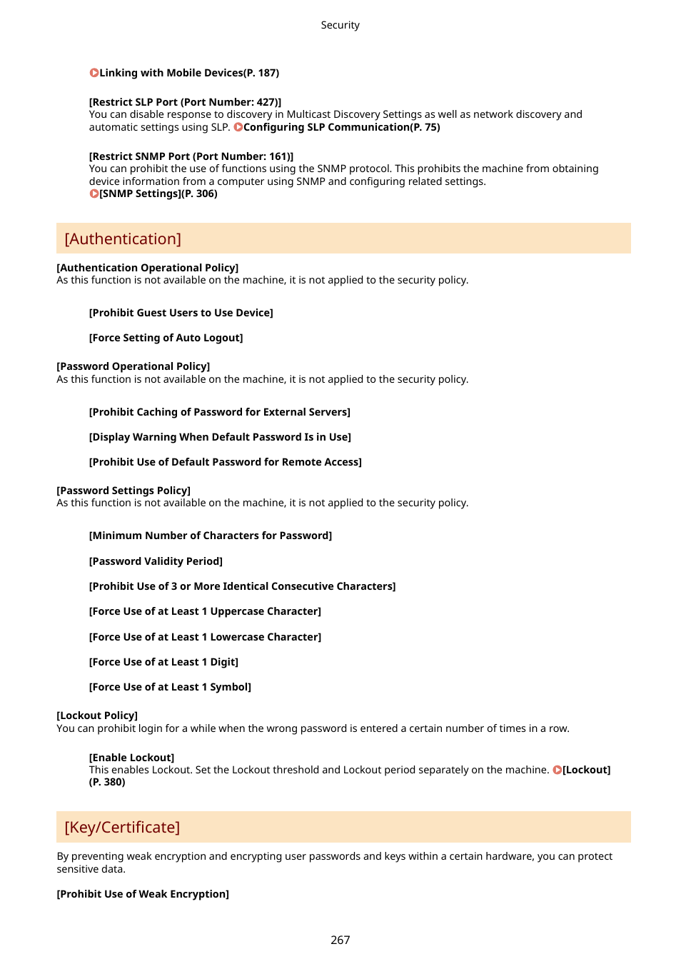 Authentication](p. 267) [key/certificate](p. 267), Authentication, Key/certificate | Canon imageCLASS LBP674Cdw Wireless Color Laser Printer User Manual | Page 275 / 565