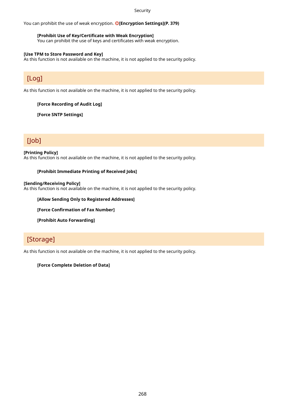 Log] (p. 268) [job](p. 268) [storage] (p. 268), Storage | Canon imageCLASS LBP674Cdw Wireless Color Laser Printer User Manual | Page 276 / 565