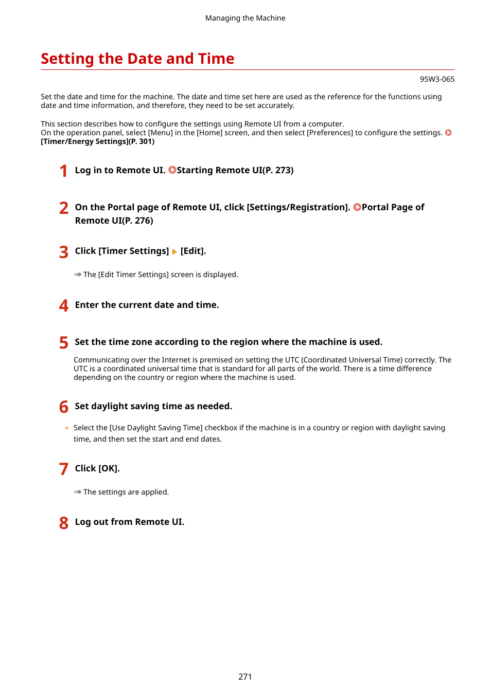 Setting the date and time, Setting the date and time(p. 271) | Canon imageCLASS LBP674Cdw Wireless Color Laser Printer User Manual | Page 279 / 565