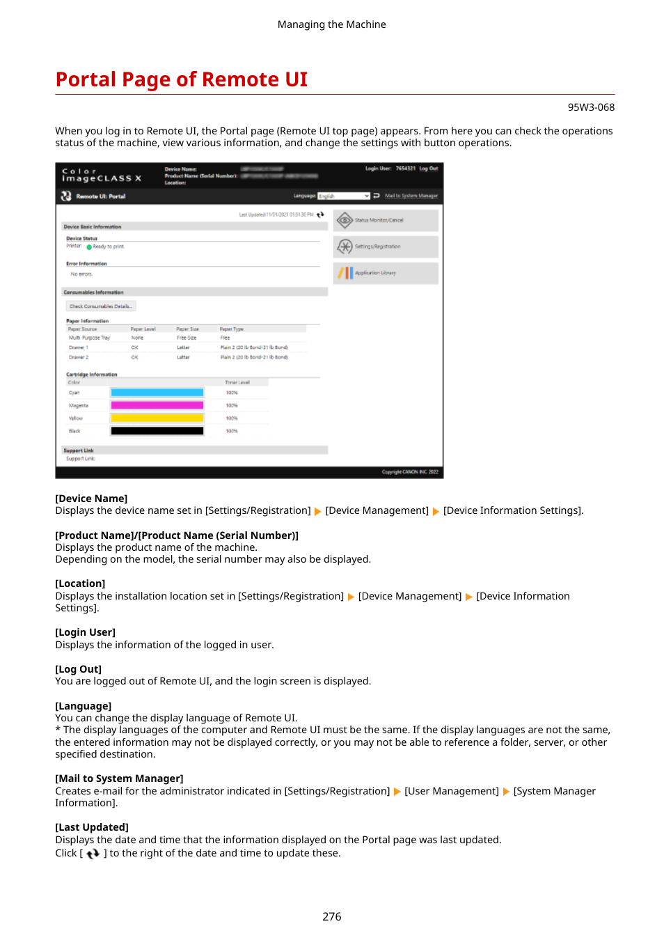 Ui(p. 276), Portal page of remote ui | Canon imageCLASS LBP674Cdw Wireless Color Laser Printer User Manual | Page 284 / 565