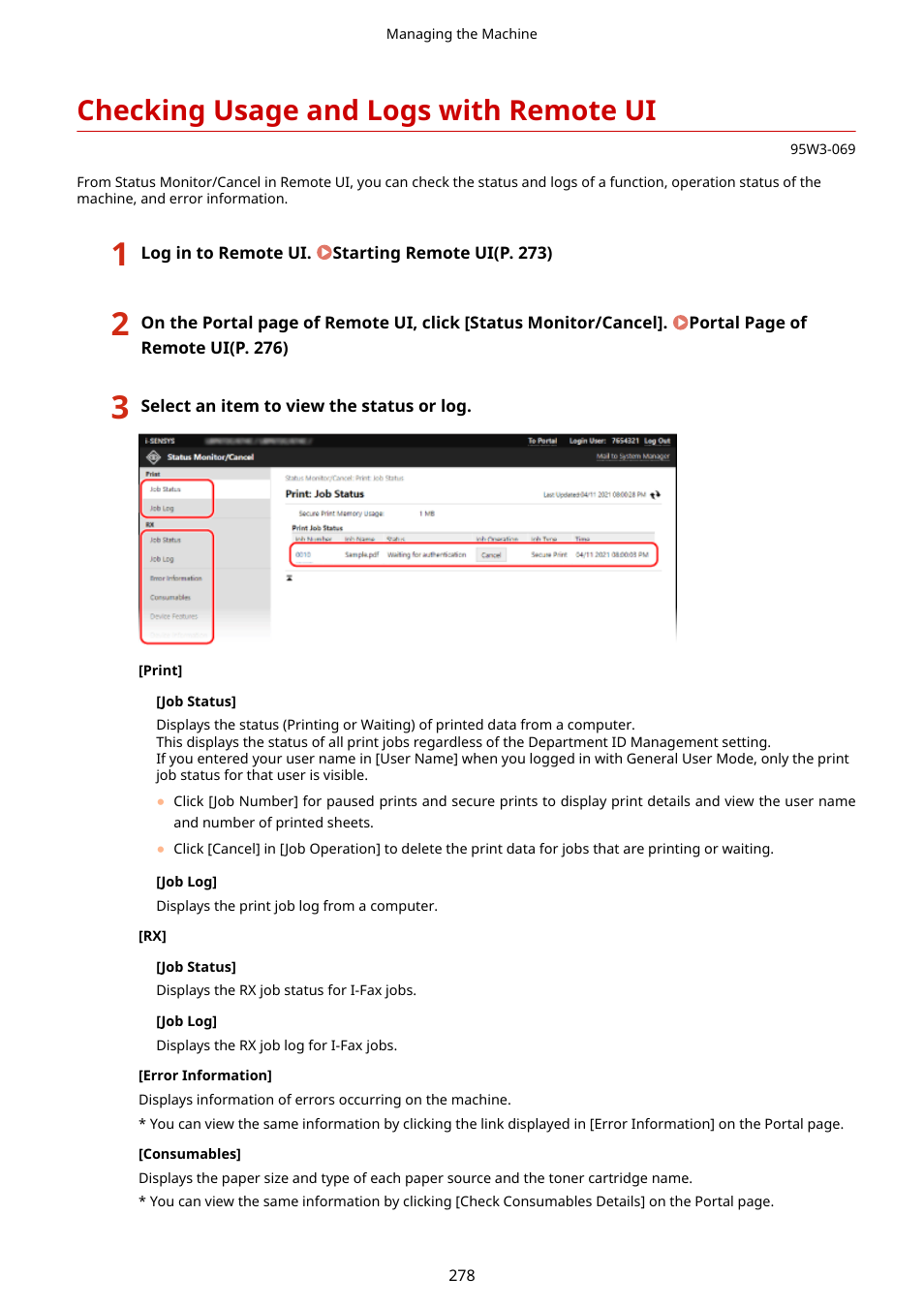 Checking usage and logs with remote ui, Checking usage and logs with remote, Ui(p. 278) | Vice information] of remote ui, Checking usage and logs with remote ui(p. 278) | Canon imageCLASS LBP674Cdw Wireless Color Laser Printer User Manual | Page 286 / 565