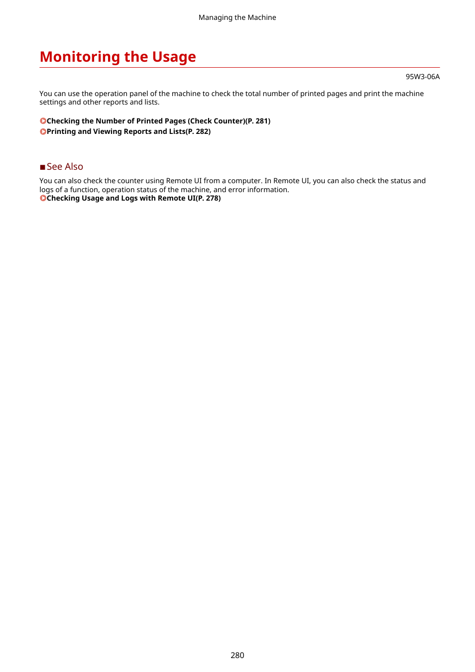 Monitoring the usage, Monitoring the usage(p. 280) | Canon imageCLASS LBP674Cdw Wireless Color Laser Printer User Manual | Page 288 / 565