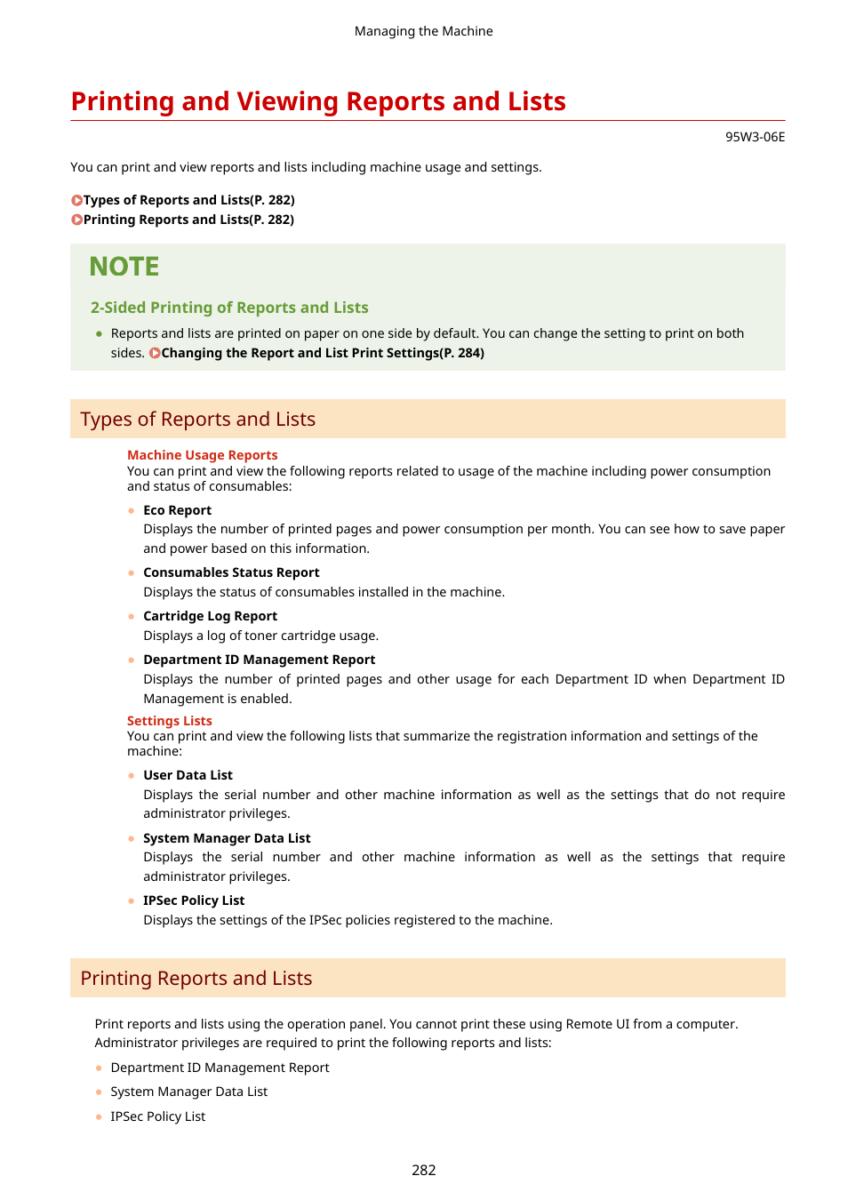 Printing and viewing reports and lists, Printing and viewing reports and lists(p. 282), Types of reports and lists | Printing reports and lists | Canon imageCLASS LBP674Cdw Wireless Color Laser Printer User Manual | Page 290 / 565