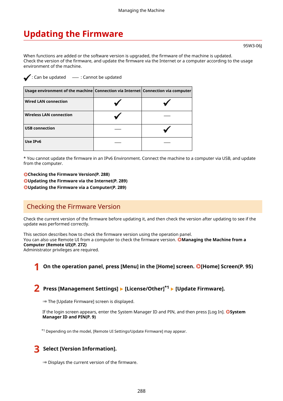 Updating the firmware, Updating the firmware(p. 288), Checking the firmware version | Canon imageCLASS LBP674Cdw Wireless Color Laser Printer User Manual | Page 296 / 565