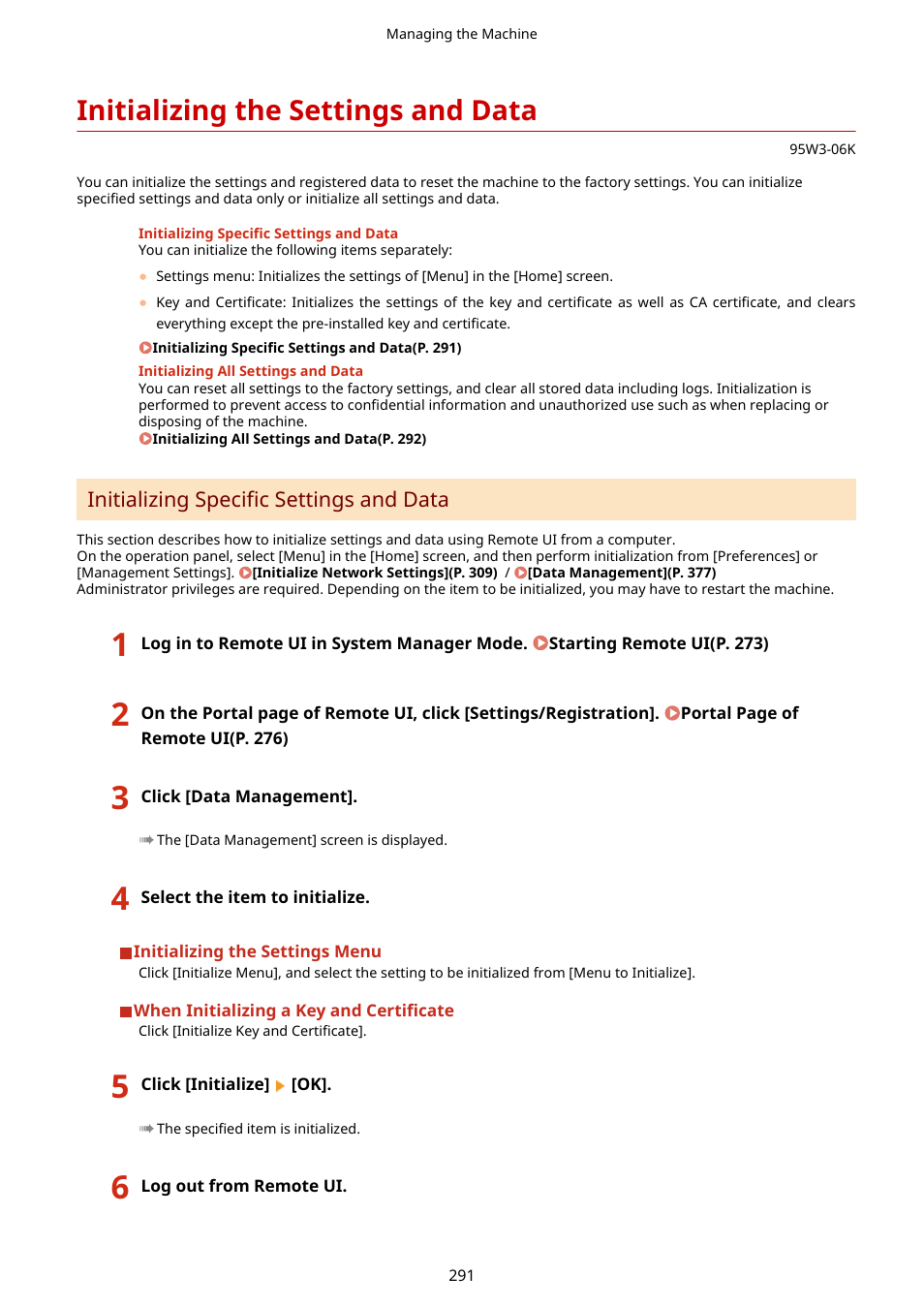 Initializing the settings and data, Initializing the settings and data(p. 291) | Canon imageCLASS LBP674Cdw Wireless Color Laser Printer User Manual | Page 299 / 565
