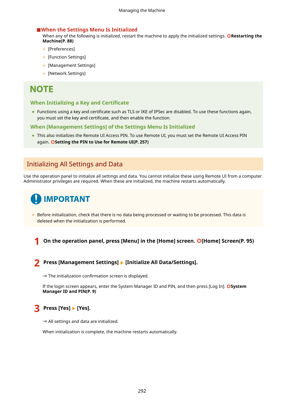 Initializing all settings and data(p. 292), Initializing all settings and data | Canon imageCLASS LBP674Cdw Wireless Color Laser Printer User Manual | Page 300 / 565